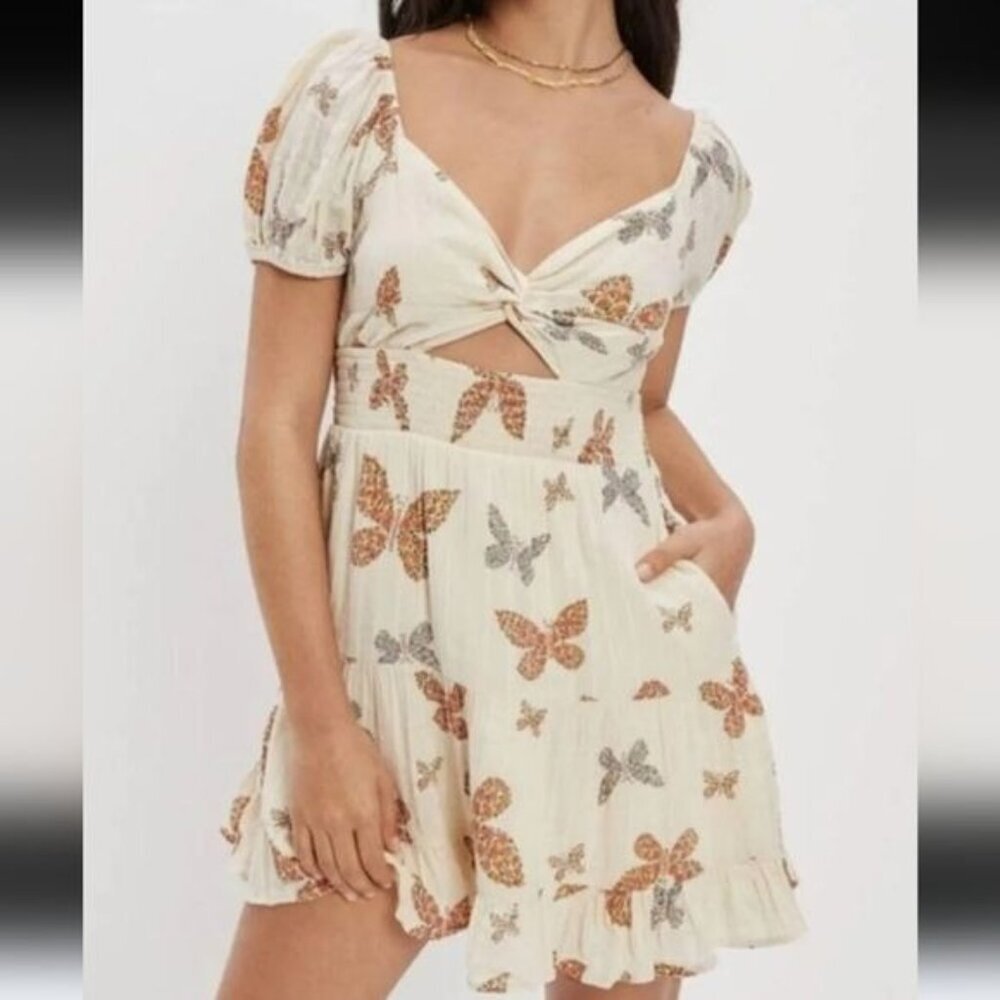 American Eagle Butterfly Cut Out Twist Front Mini Dress Boho Casual Pullover